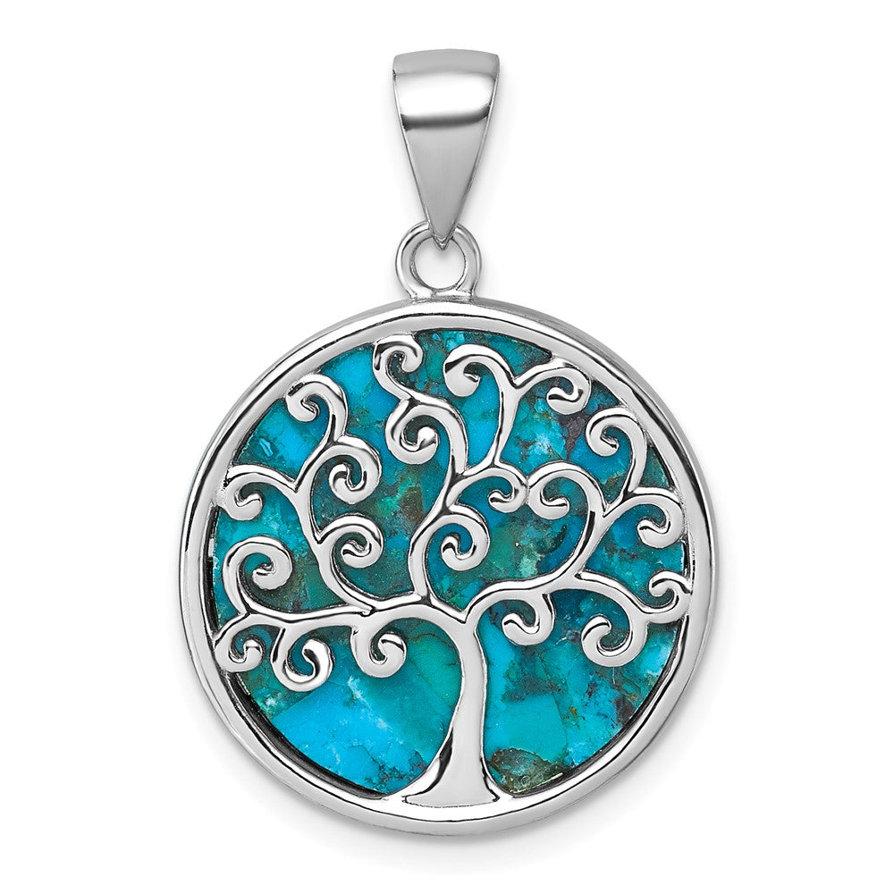 Sterling Silver Rhodium Plated Compressed Turquoise Tree of Life Pendant