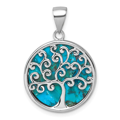 Sterling Silver Rhodium Plated Compressed Turquoise Tree of Life Pendant
