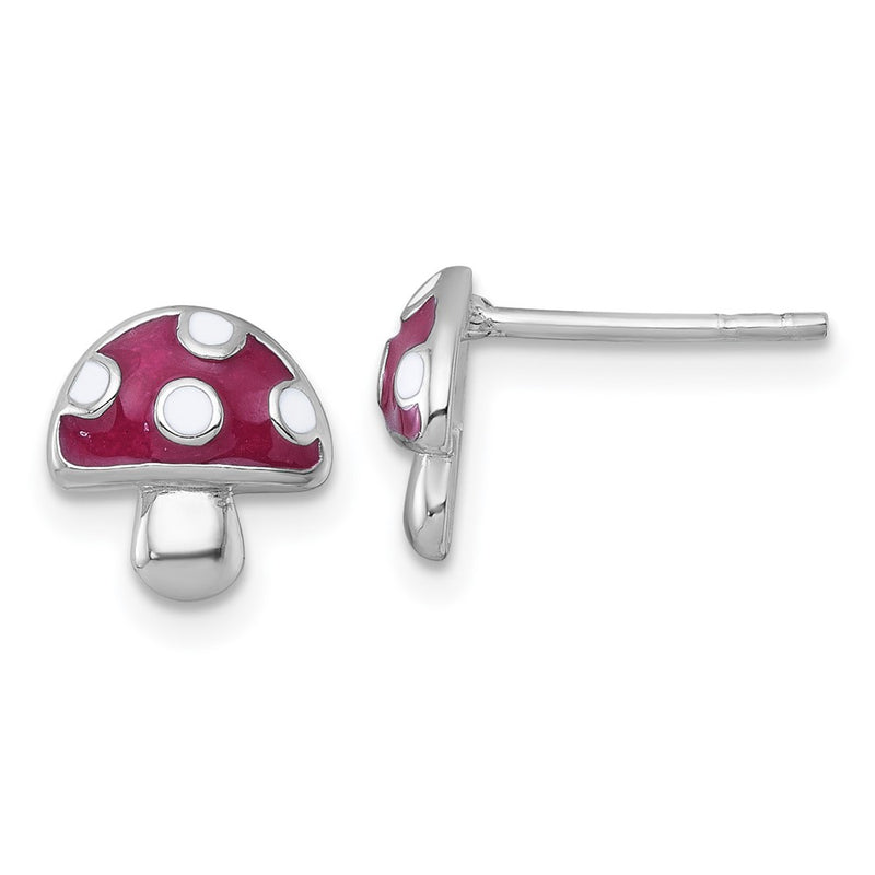 Sterling Silver Rhodium Plated Polished Enameled Mushroom Post Earrings