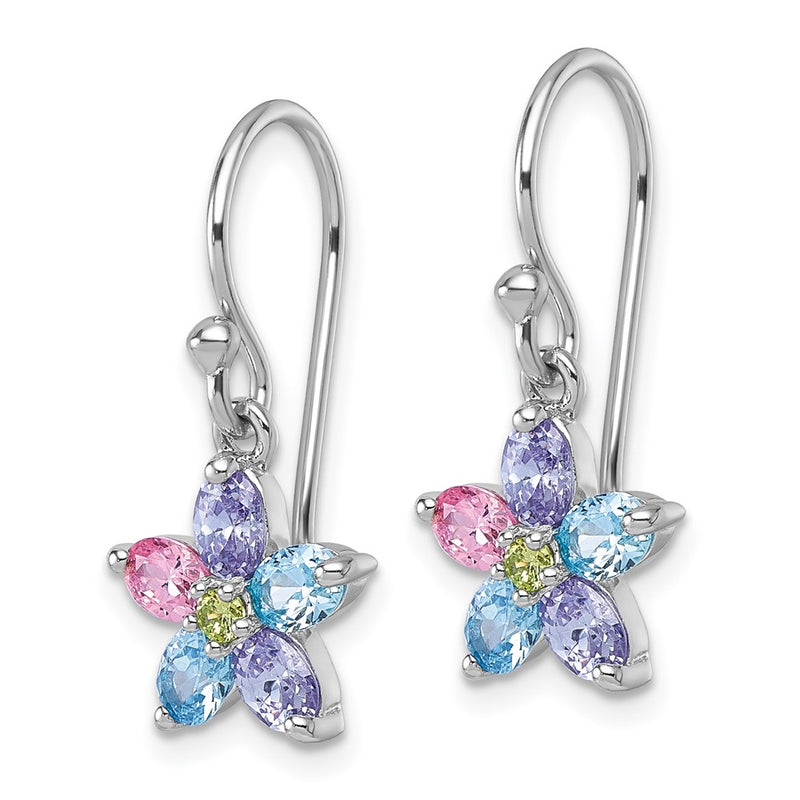 Sterling Silver Rhodium Plated Multi Color CZ Flower Dangle Earrings