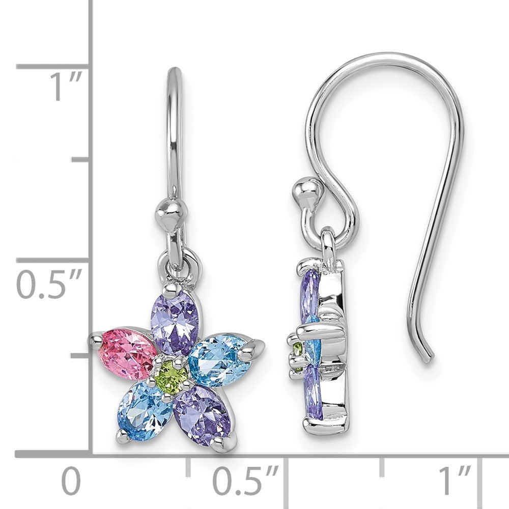 Sterling Silver Rhodium Plated Multi Color CZ Flower Dangle Earrings