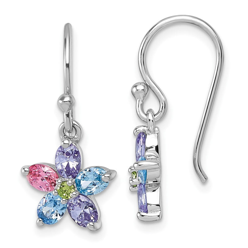 Sterling Silver Rhodium Plated Multi Color CZ Flower Dangle Earrings
