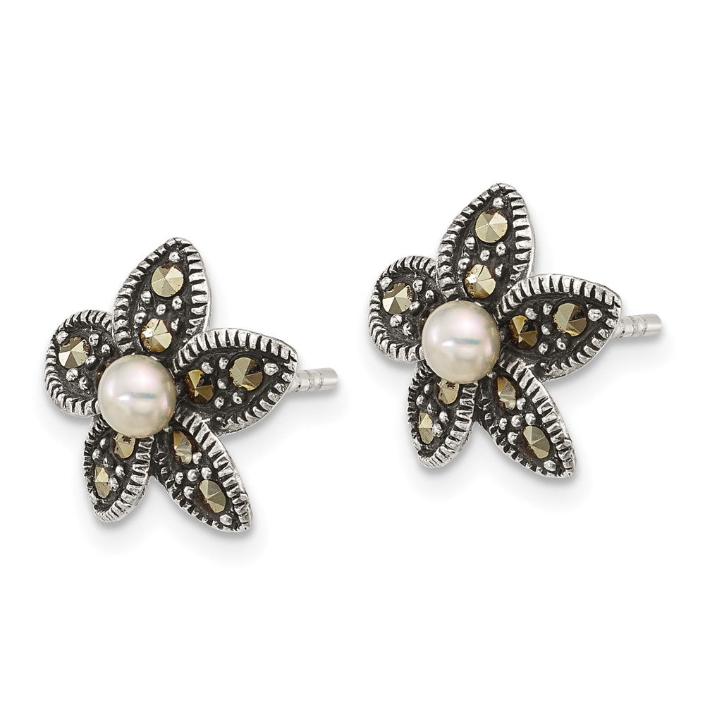 Sterling Silver Antiqued Marcasite Fwc Pearl Fancy Flower Post Earrings