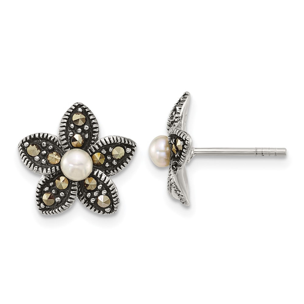 Sterling Silver Antiqued Marcasite Fwc Pearl Fancy Flower Post Earrings