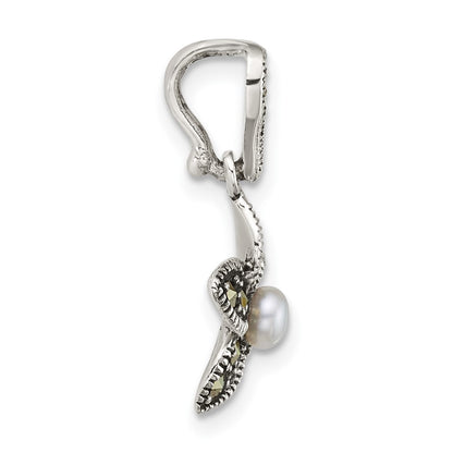 Sterling Silver Antiqued Marcasite Fwc Pearl Fancy Flower Pendant