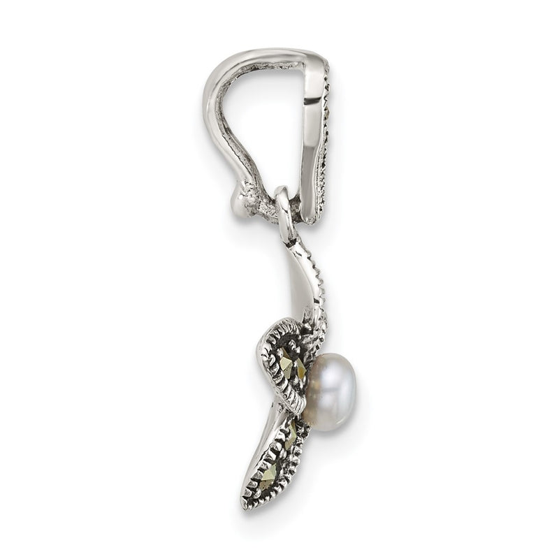Sterling Silver Antiqued Marcasite Fwc Pearl Fancy Flower Pendant