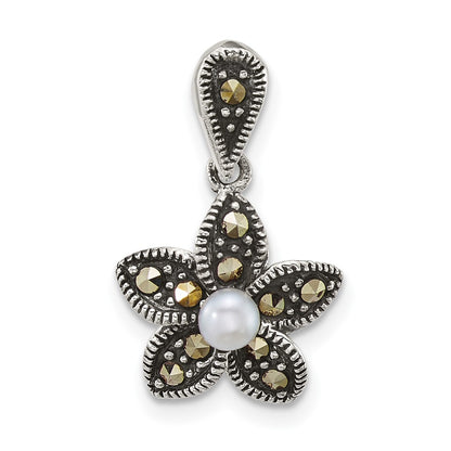 Sterling Silver Antiqued Marcasite Fwc Pearl Fancy Flower Pendant