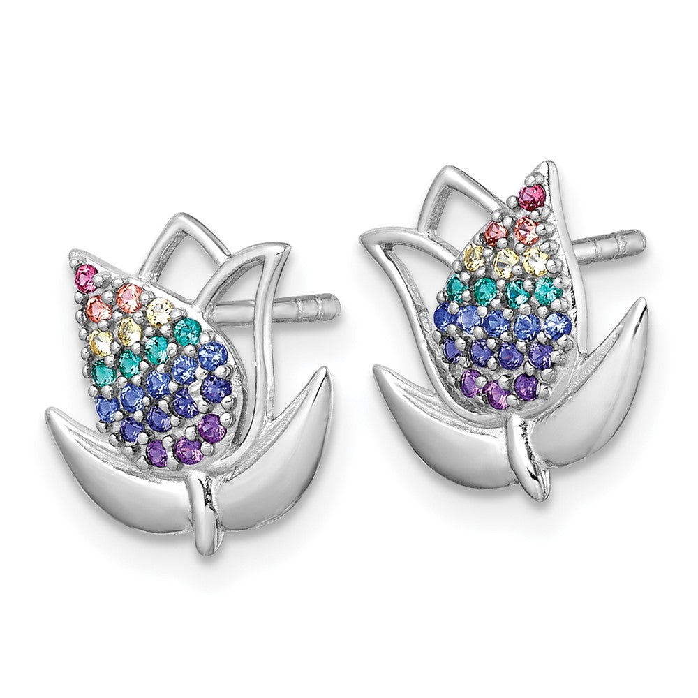 Sterling Silver Rh-Pl Polished Multi Color Nano Crystals Tulip Post Earring