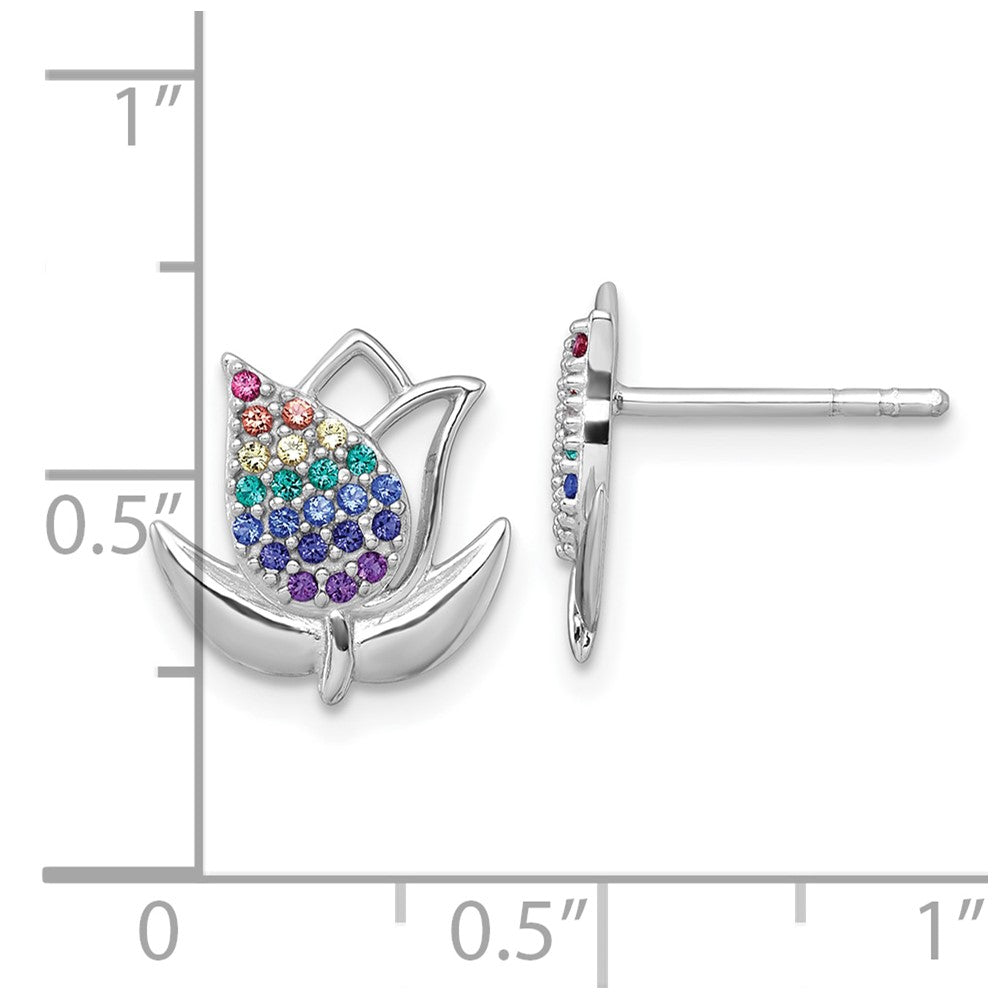 Sterling Silver Rh-Pl Polished Multi Color Nano Crystals Tulip Post Earring