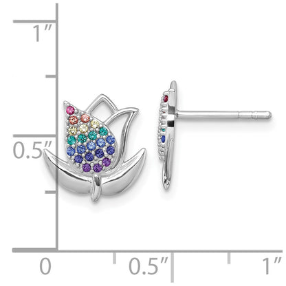 Sterling Silver Rh-Pl Polished Multi Color Nano Crystals Tulip Post Earring