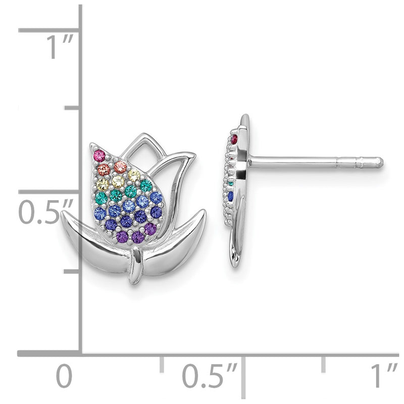 Sterling Silver Rh-Pl Polished Multi Color Nano Crystals Tulip Post Earring