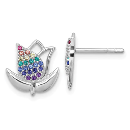 Sterling Silver Rh-Pl Polished Multi Color Nano Crystals Tulip Post Earring