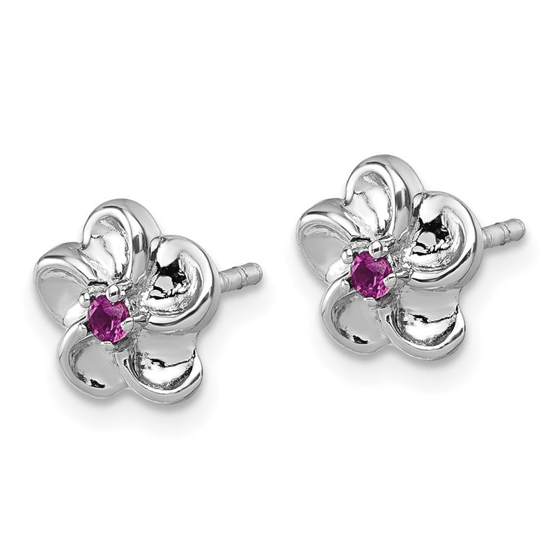 Sterling Silver Rhodium-Plated Red CZ Flower Post Earrings