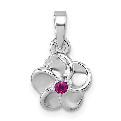 Sterling Silver Rhodium-Plated Red CZ Flower Pendant