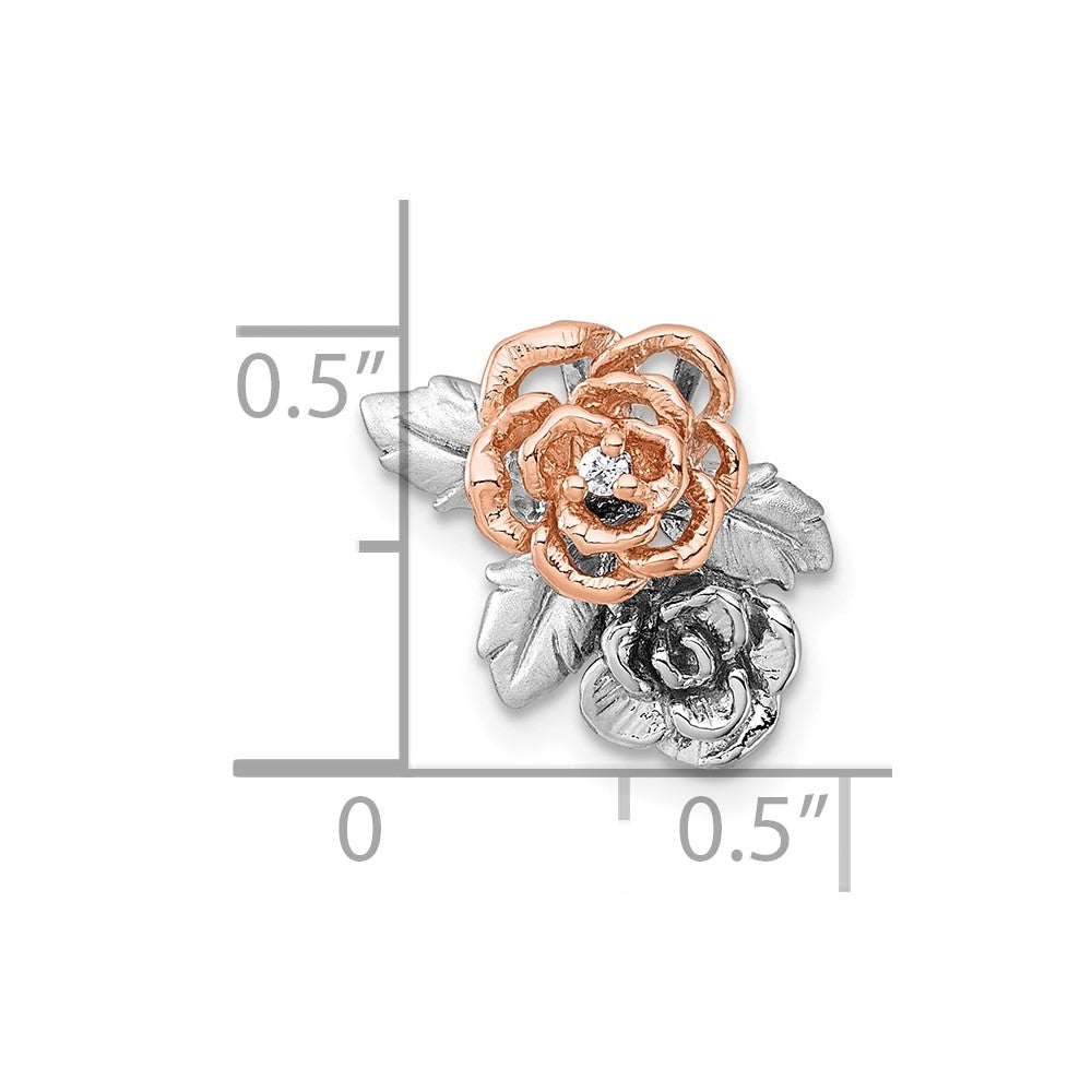 Sterling Silver Rhodium and Rose Gold-Plated CZ Flower Chain Slide Pendant