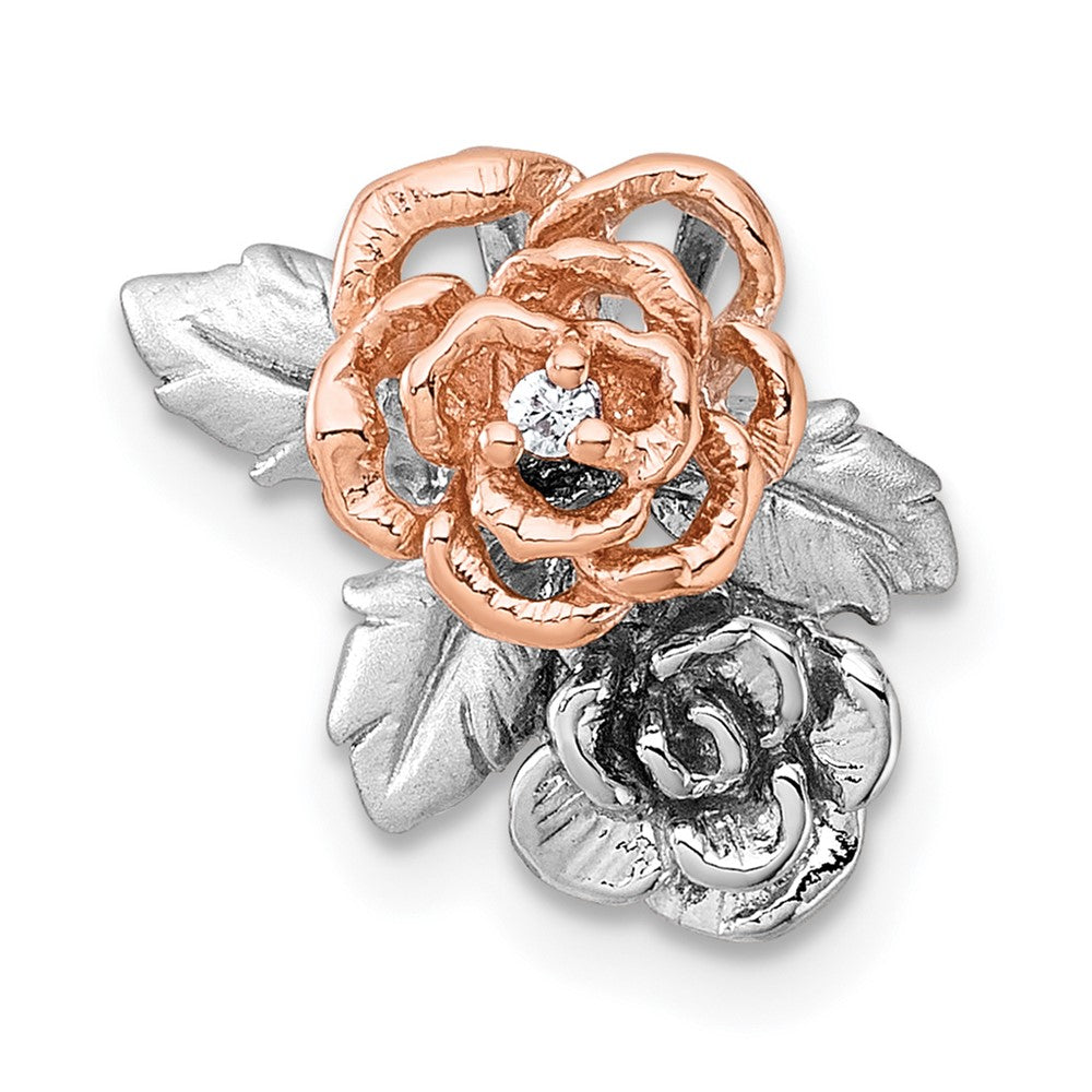 Sterling Silver Rhodium and Rose Gold-Plated CZ Flower Chain Slide Pendant