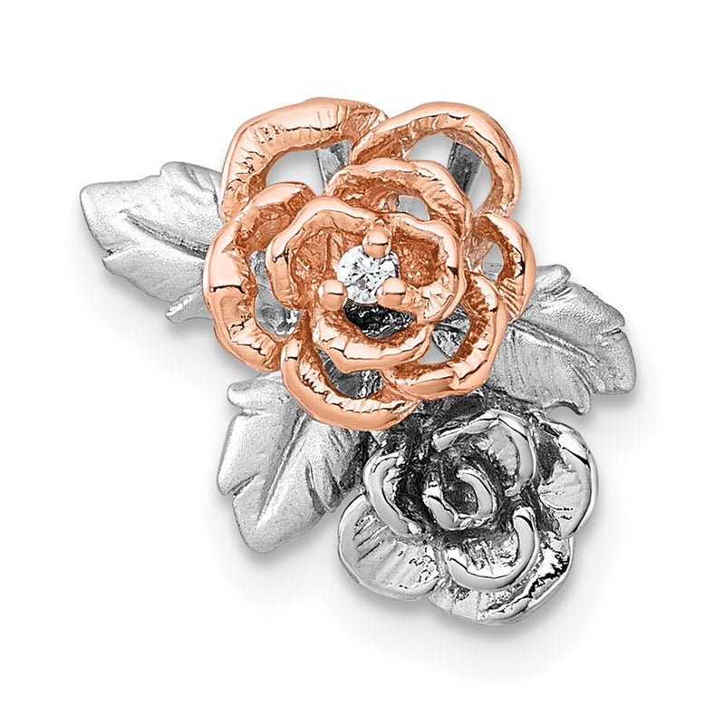 Sterling Silver Rhodium and Rose Gold-Plated CZ Flower Chain Slide Pendant
