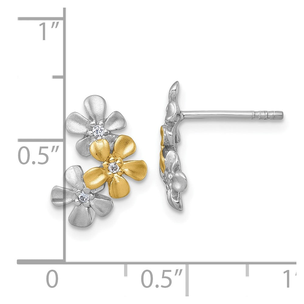 Sterling Silver Rhodium and Gold-Plated Flower CZ Post Earrings