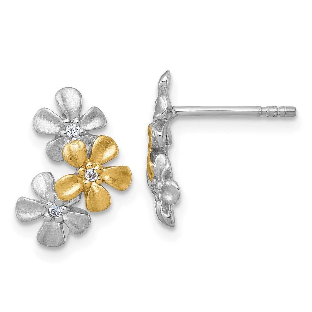 Sterling Silver Rhodium and Gold-Plated Flower CZ Post Earrings