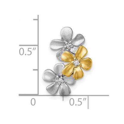 Sterling Silver Rhodium and Gold-Plated CZ Three Flower Chain Slide Pendant
