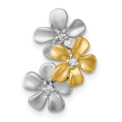 Sterling Silver Rhodium and Gold-Plated CZ Three Flower Chain Slide Pendant
