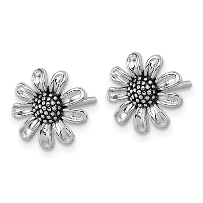Sterling Silver Rhodium-Plated Antiqued Flower Post Earrings
