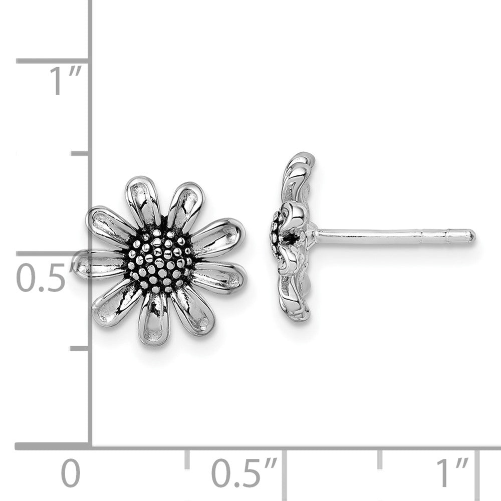 Sterling Silver Rhodium-Plated Antiqued Flower Post Earrings