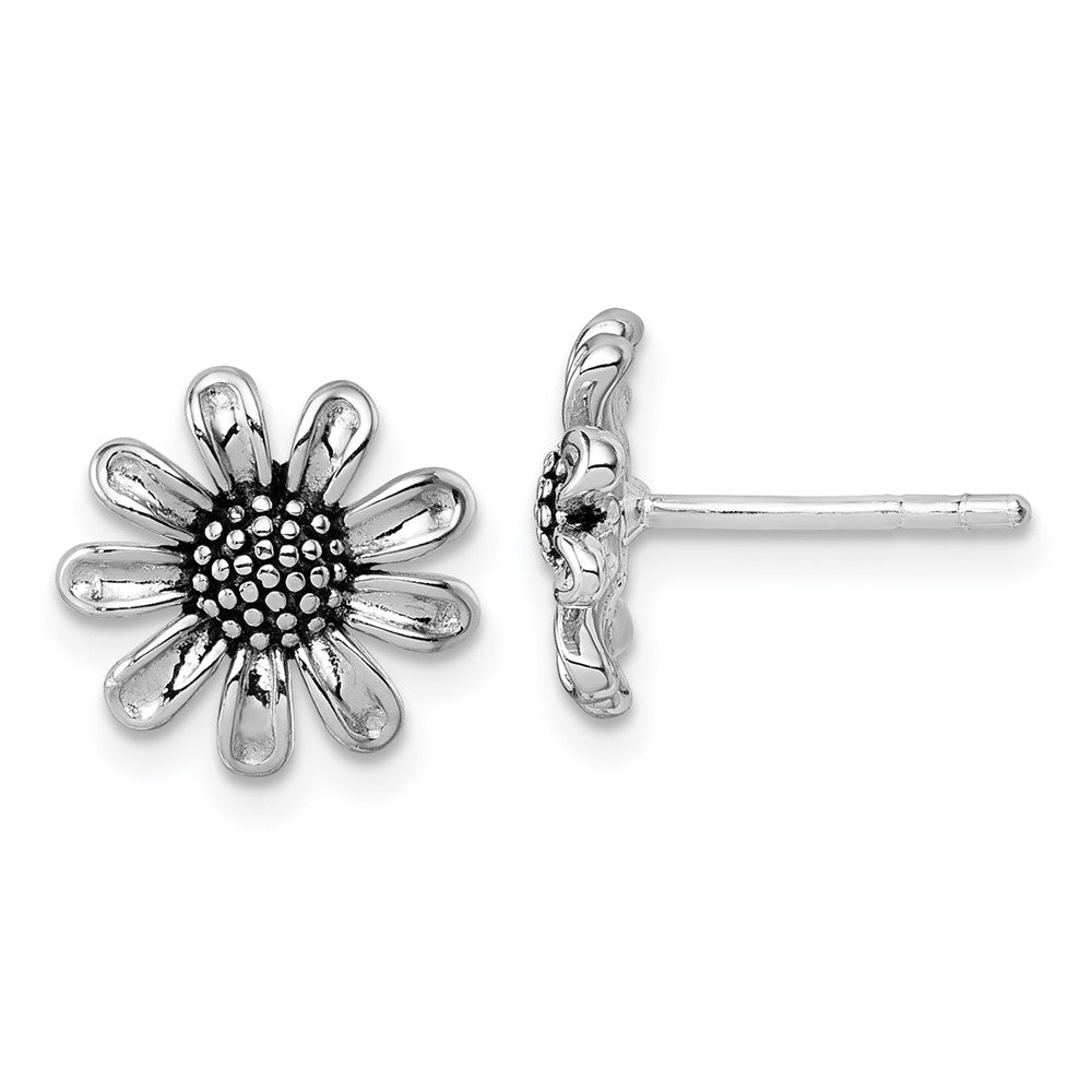 Sterling Silver Rhodium-Plated Antiqued Flower Post Earrings