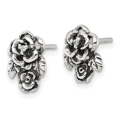 Sterling Silver Antiqued Polished CZ Flower Post Earrings