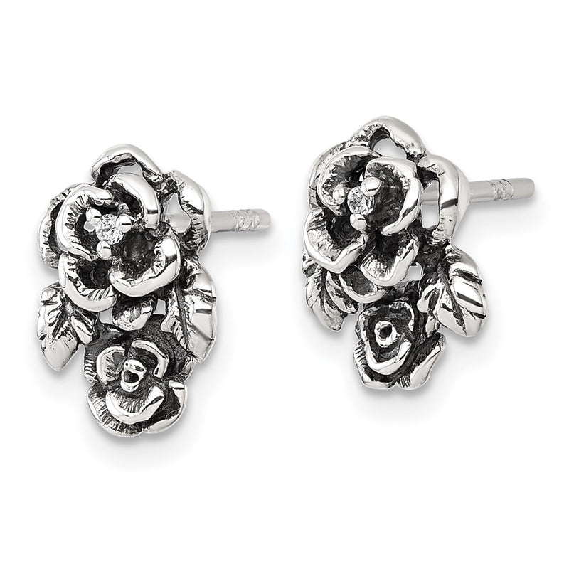 Sterling Silver Antiqued Polished CZ Flower Post Earrings