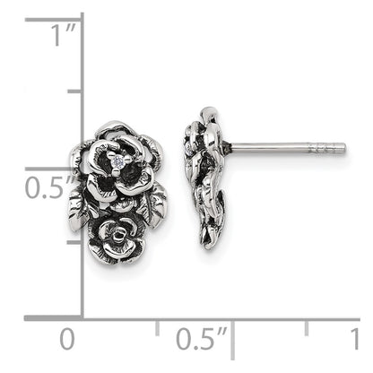 Sterling Silver Antiqued Polished CZ Flower Post Earrings