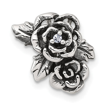 Sterling Silver Antiqued/polished CZ Flower Chain Slide Pendant