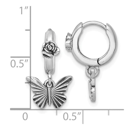 Sterling Silver Antiqued Butterfly with Flower Hoop Earrings