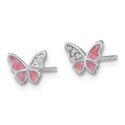 Sterling Silver Rhodium-Plated CZ Enamel Pink Butterfly Post Earrings