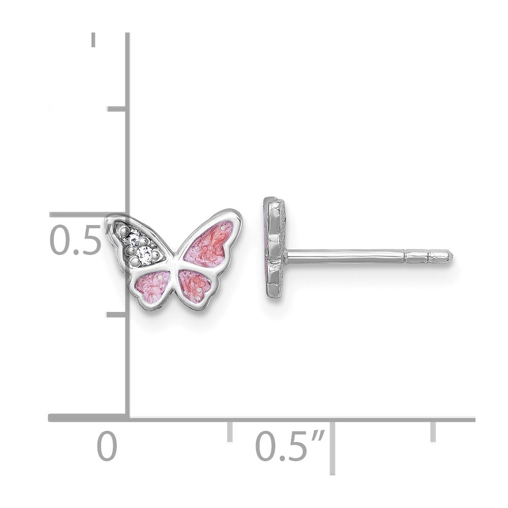 Sterling Silver Rhodium-Plated CZ Enamel Pink Butterfly Post Earrings