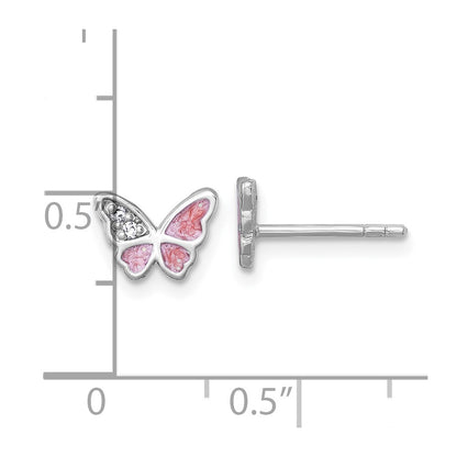 Sterling Silver Rhodium-Plated CZ Enamel Pink Butterfly Post Earrings