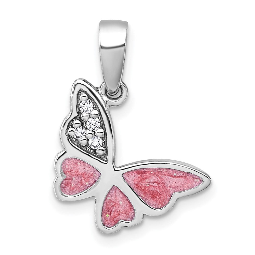 Sterling Silver Rhodium-Plated Polished CZ Enamel Pink Butterfly Pendant