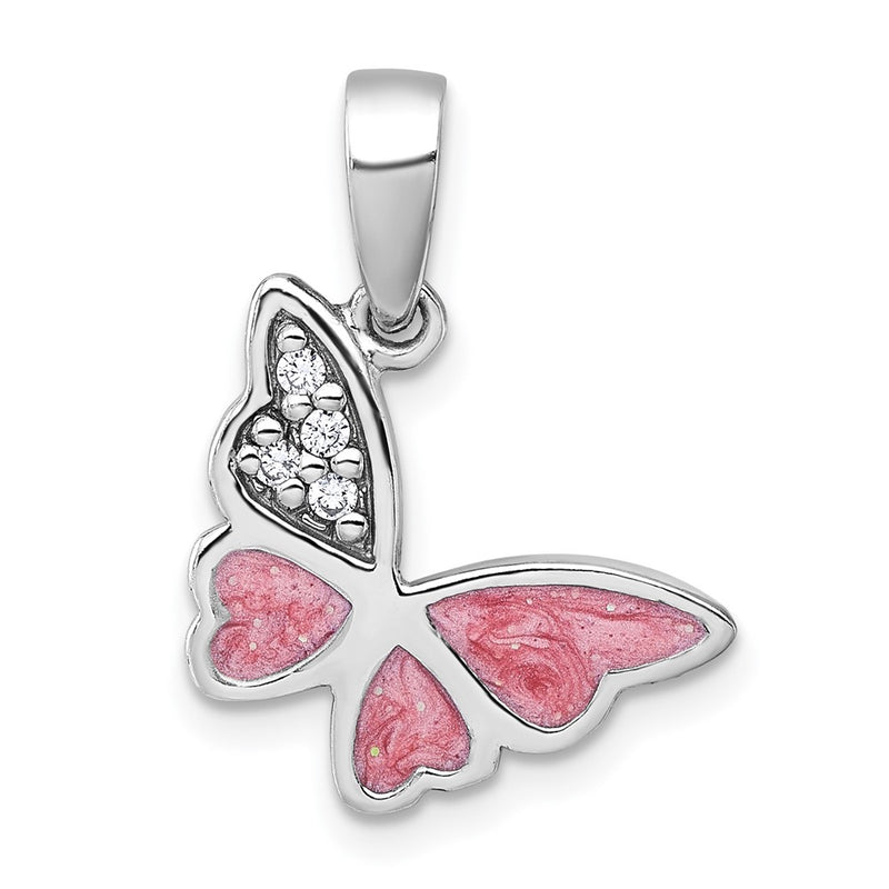 Sterling Silver Rhodium-Plated Polished CZ Enamel Pink Butterfly Pendant