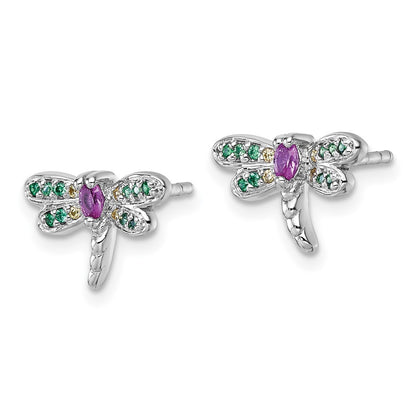 Sterling Silver Rhodium Plated Multi Color CZ Dragonfly Post Earrings