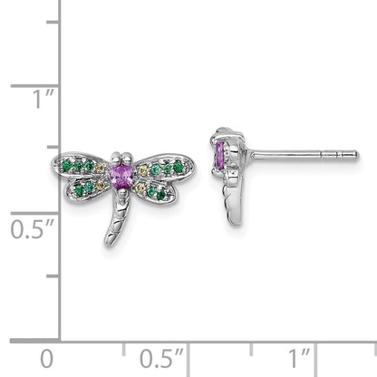 Sterling Silver Rhodium Plated Multi Color CZ Dragonfly Post Earrings