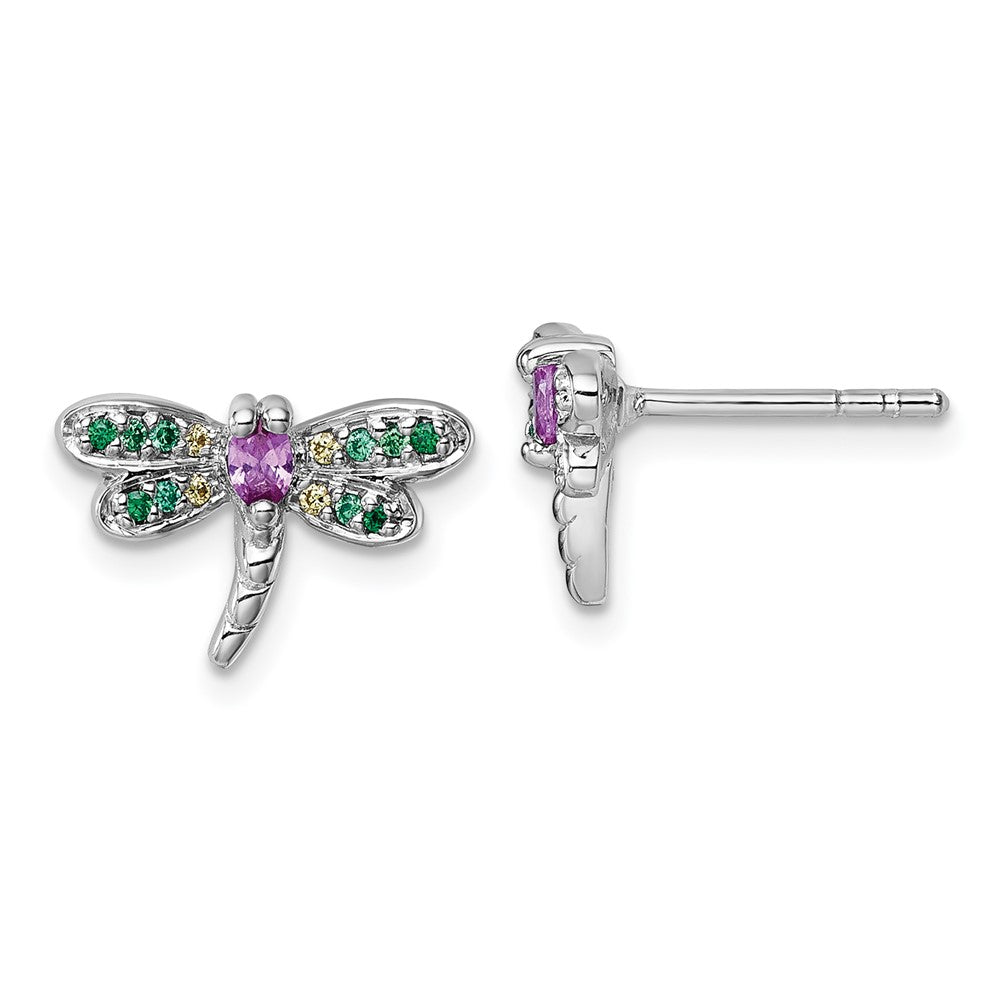 Sterling Silver Rhodium Plated Multi Color CZ Dragonfly Post Earrings