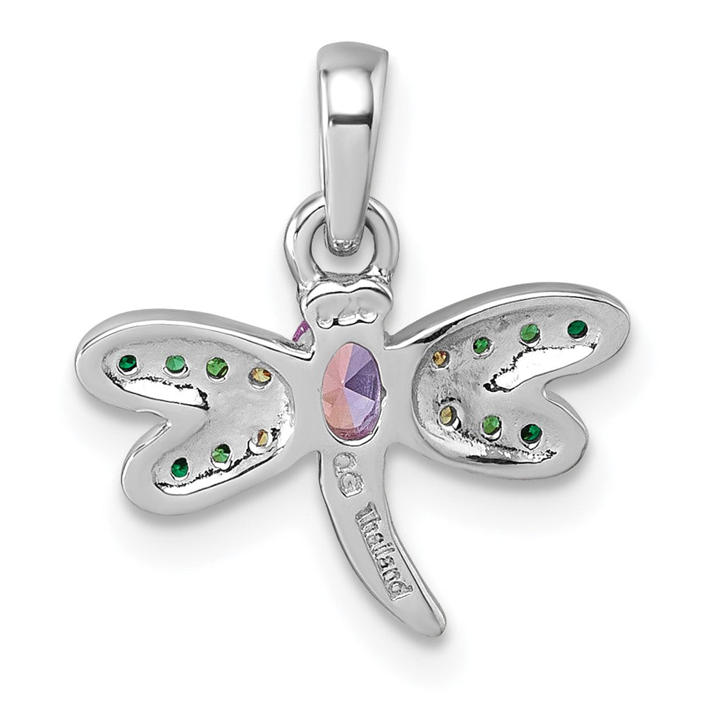 Sterling Silver Rhodium-Plated Multi Color CZ Dragonfly Pendant