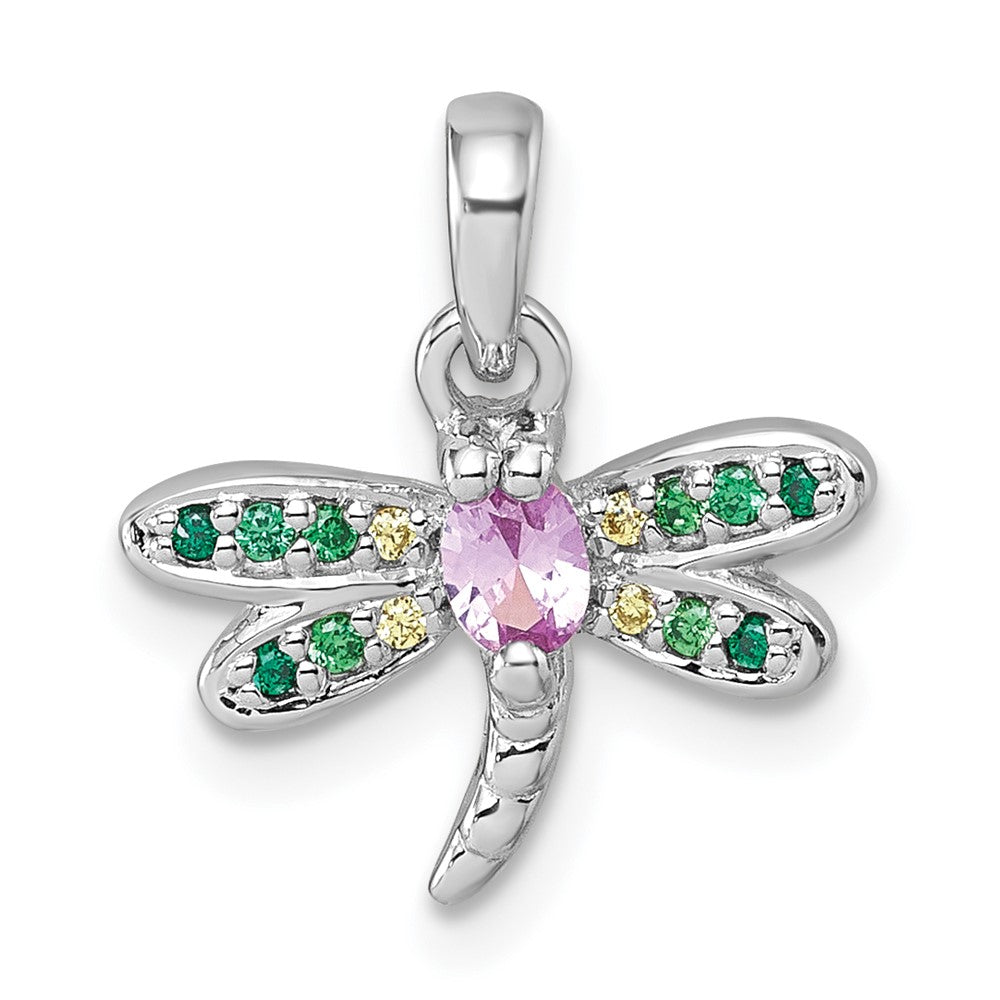 Sterling Silver Rhodium-Plated Multi Color CZ Dragonfly Pendant