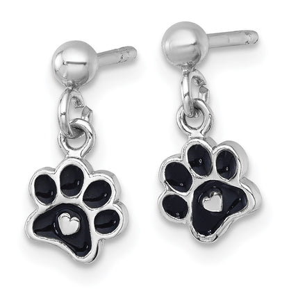 Sterling Silver Rh-Plt Enamel Black Paw Print W/ Heart Dangle Post Earrings
