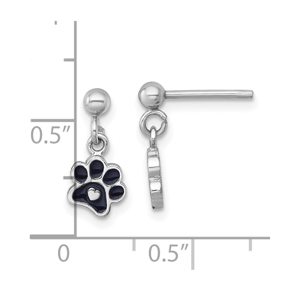 Sterling Silver Rh-Plt Enamel Black Paw Print W/ Heart Dangle Post Earrings