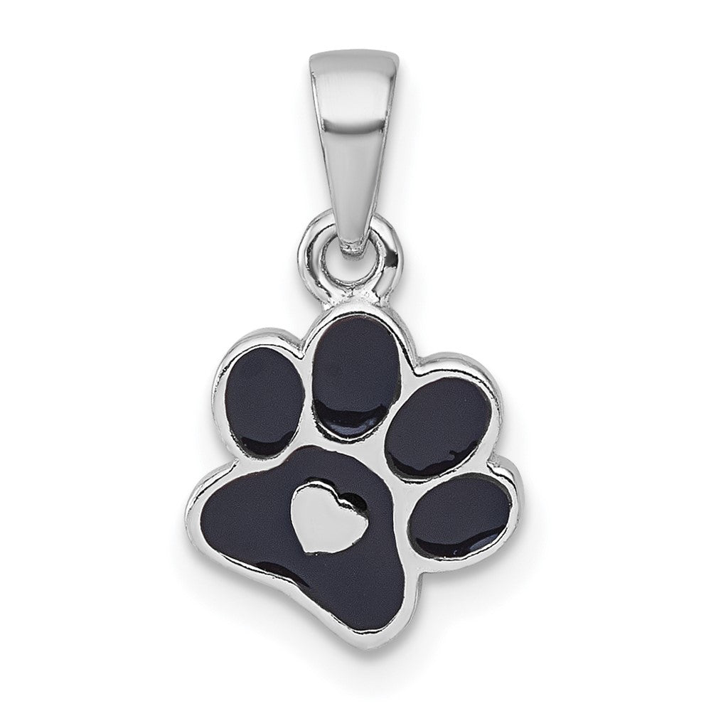 Sterling Silver Rhodium-Plated Enamel Black Paw Print with Heart Pendant