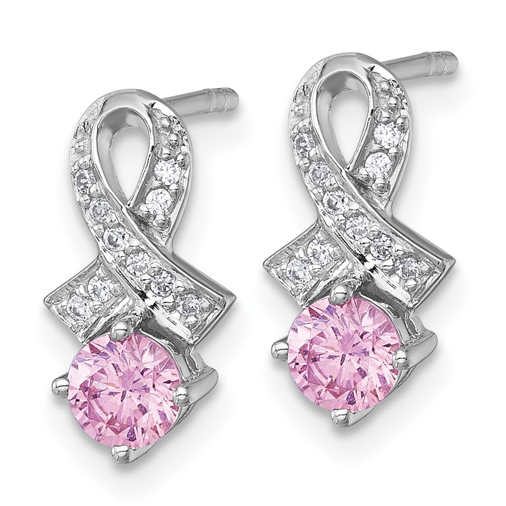 Sterling Silver Rh-Pltd Polish Pink & White CZ Awareness Ribbon Post Earrings