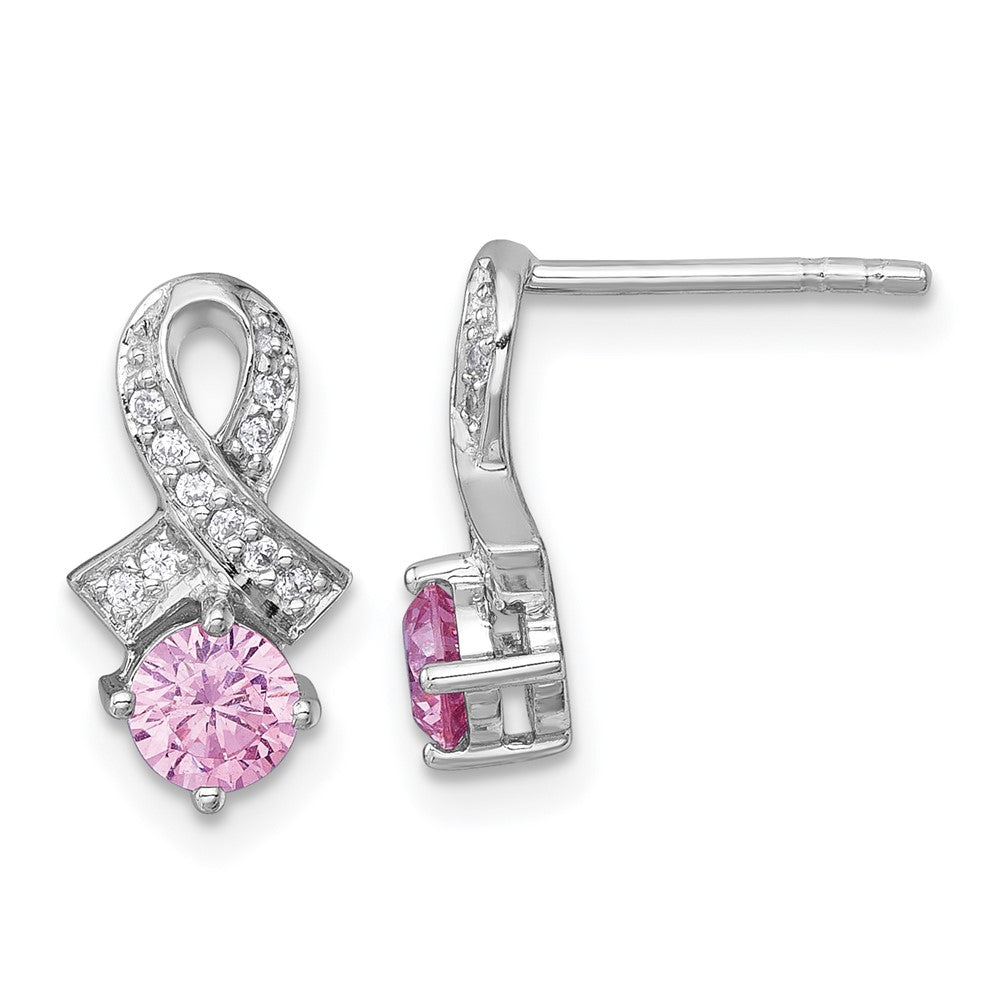 Sterling Silver Rh-Pltd Polish Pink & White CZ Awareness Ribbon Post Earrings