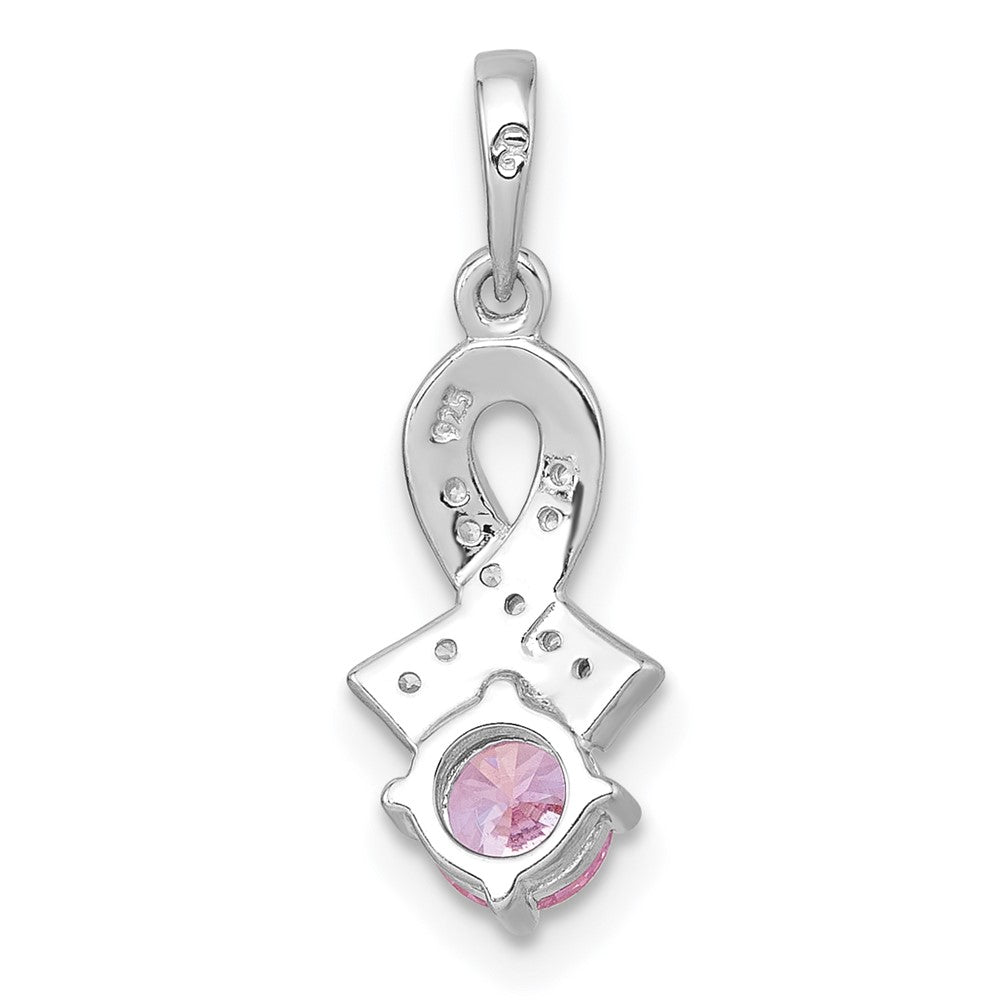 Sterling Silver Rhodium Plated Polished Pink & White CZ Awareness Ribbon Pendant