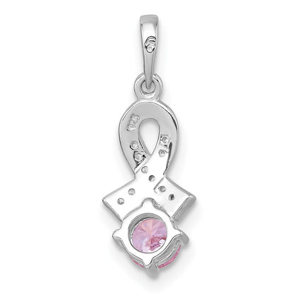 Sterling Silver Rhodium Plated Polished Pink & White CZ Awareness Ribbon Pendant